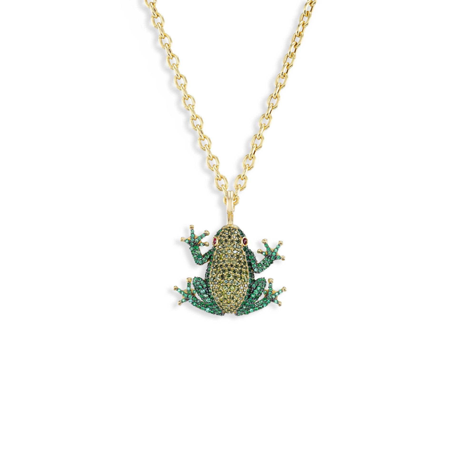 Gold necklace with a green frog pendant on a white background