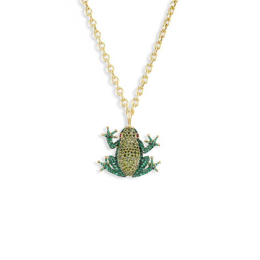 Gold necklace with a green frog pendant on a white background