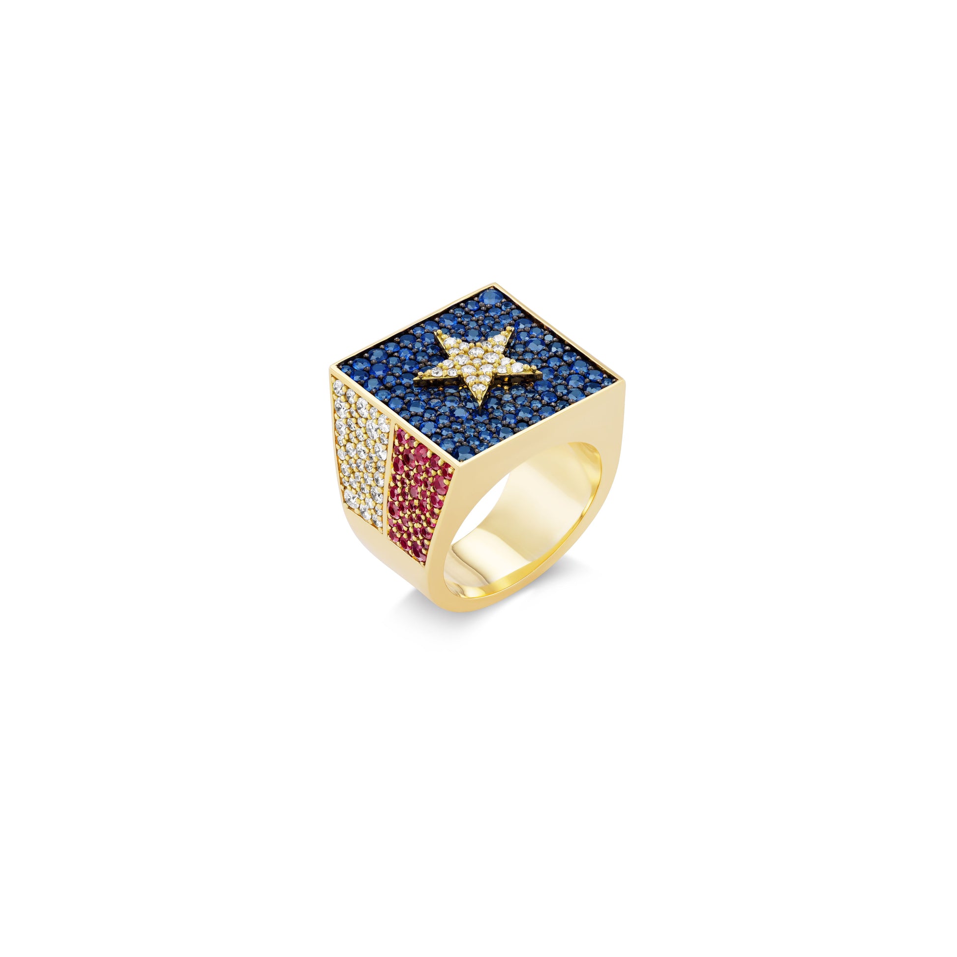 Gold Texas ring with colorful gemstones on a white background