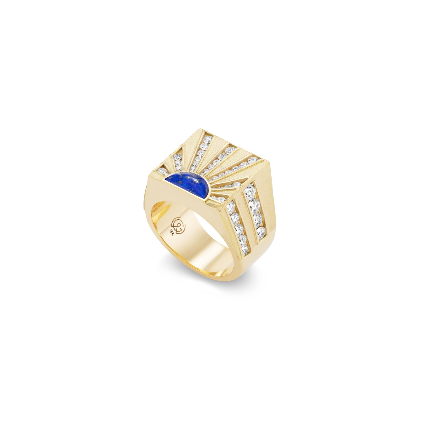Gold ring with a blue Lapis gemstone and diamonds on a white background