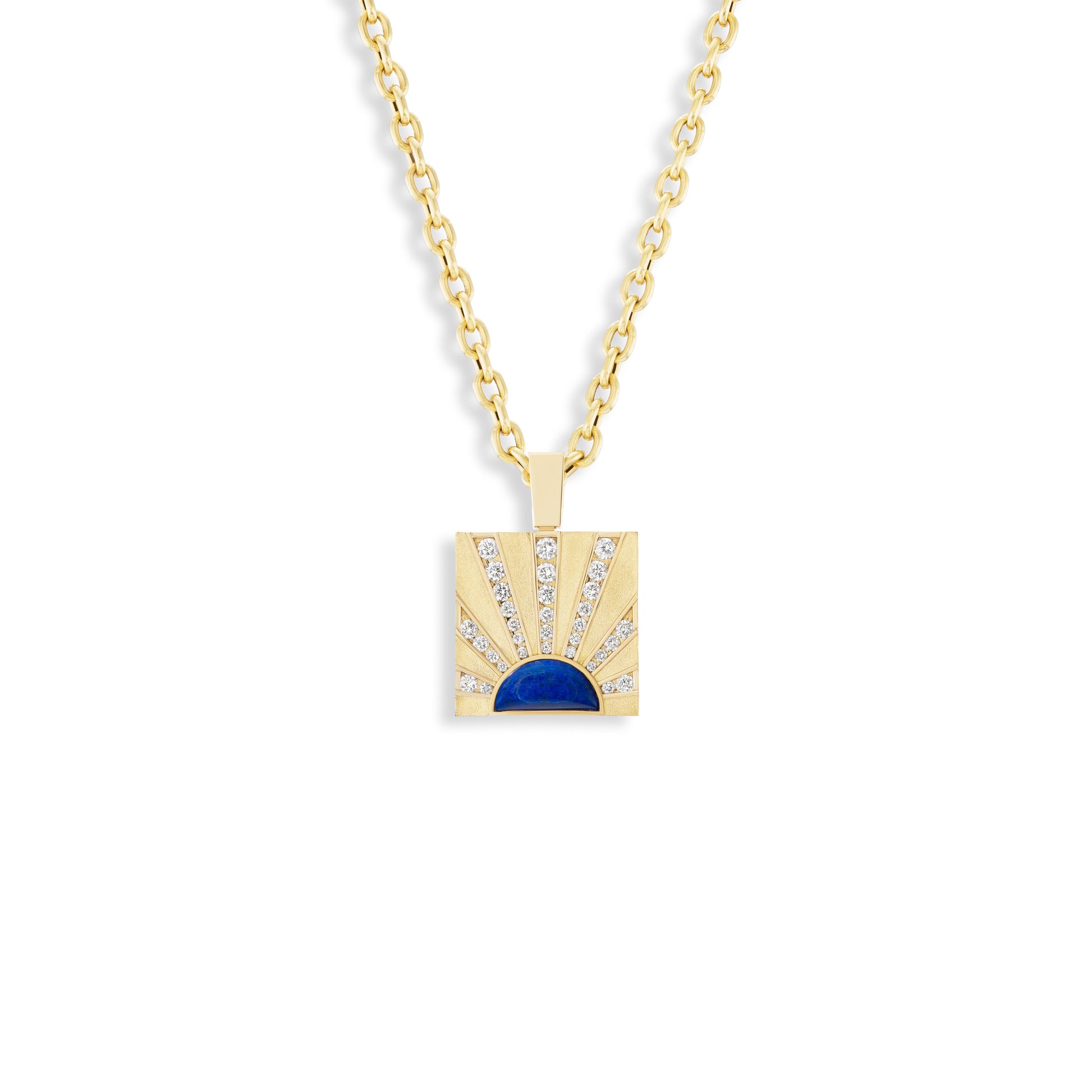 Gold necklace with a square pendant featuring a blue half-circle and diamond accents on a white background.