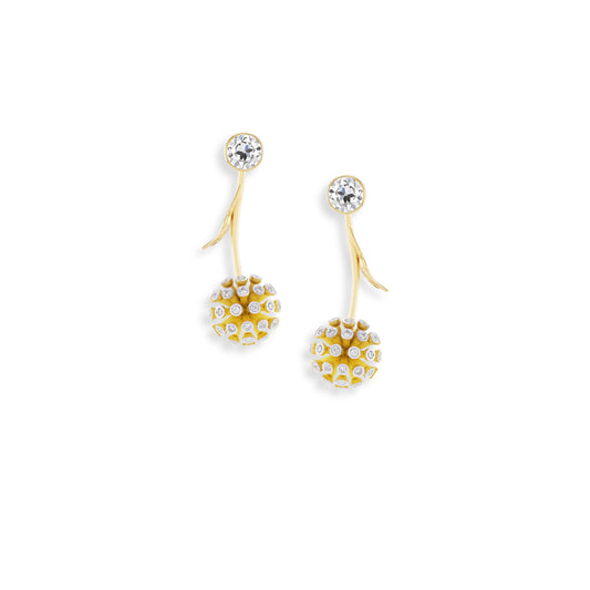 Pair of gold earrings with clear gemstones on a white background