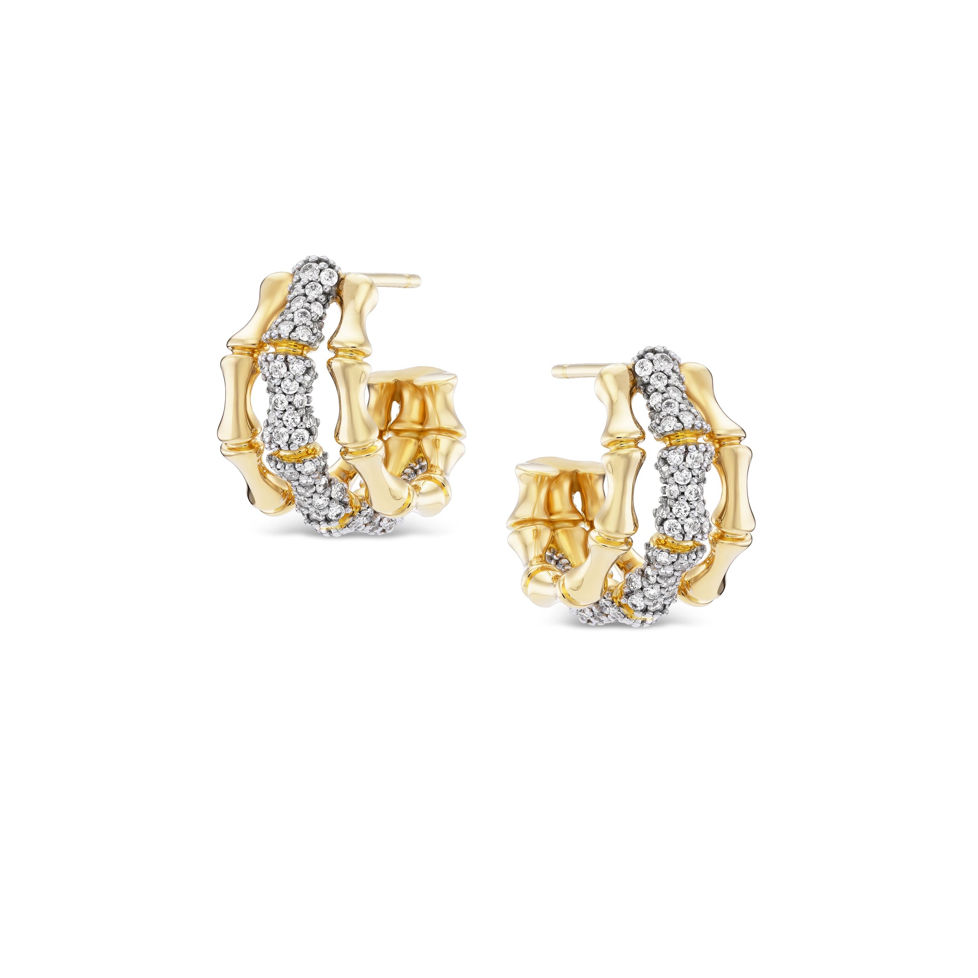 Gold hoop earrings with diamond accents on a white background