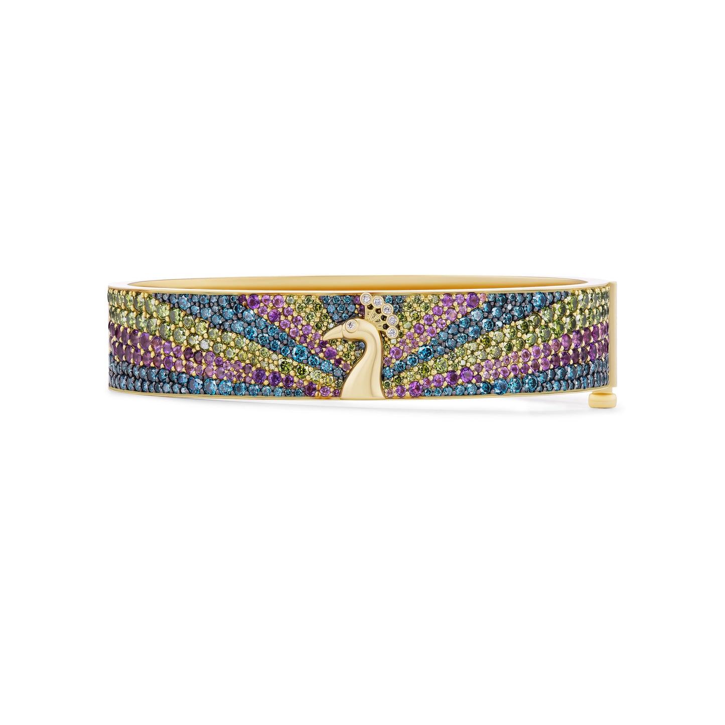 Multicolored beaded bracelet with a peacock design on a white background
