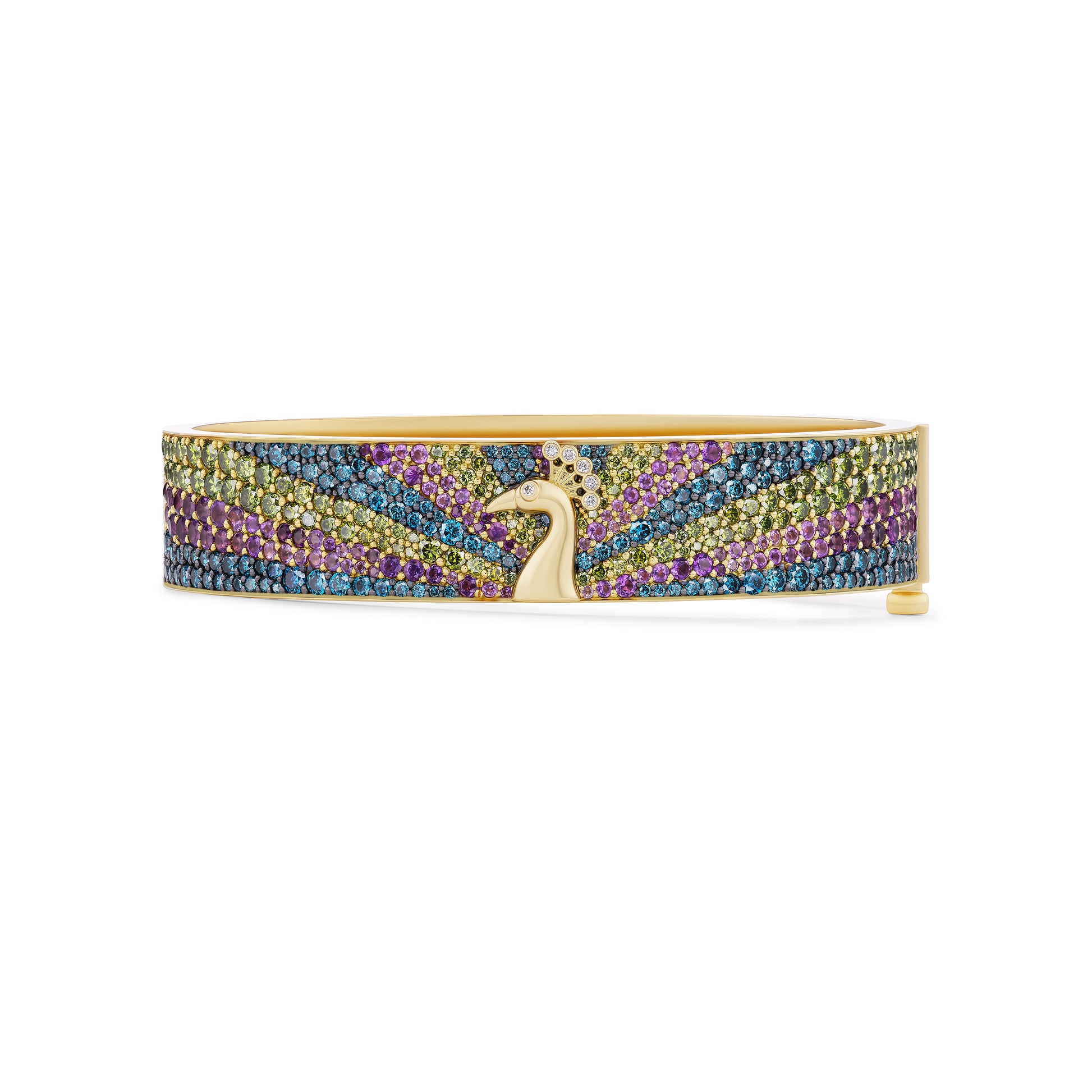 Multicolored beaded bracelet with a peacock design on a white background
