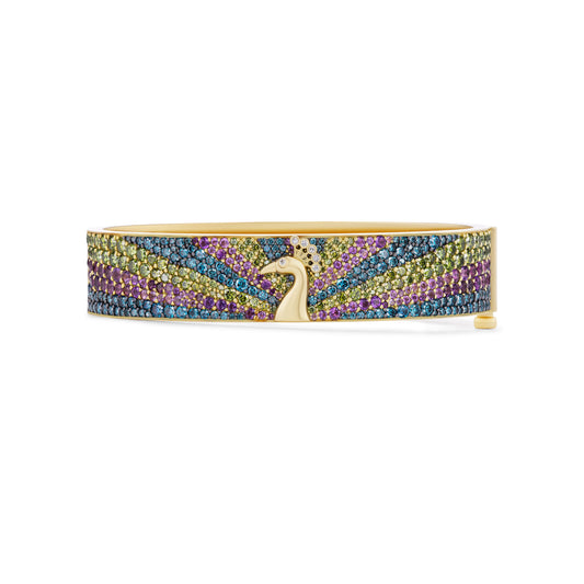 Multicolored beaded bracelet with a peacock design on a white background