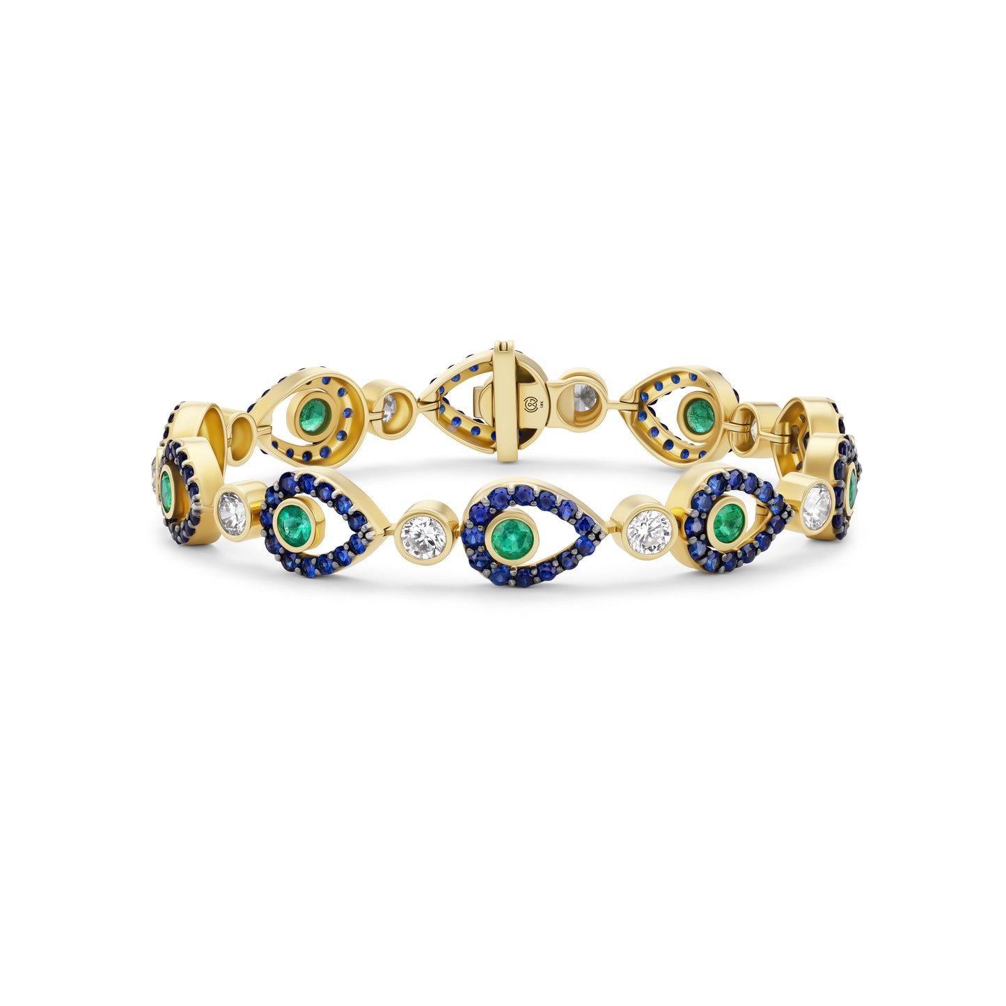 Gold bracelet with green and blue gemstones on a white background