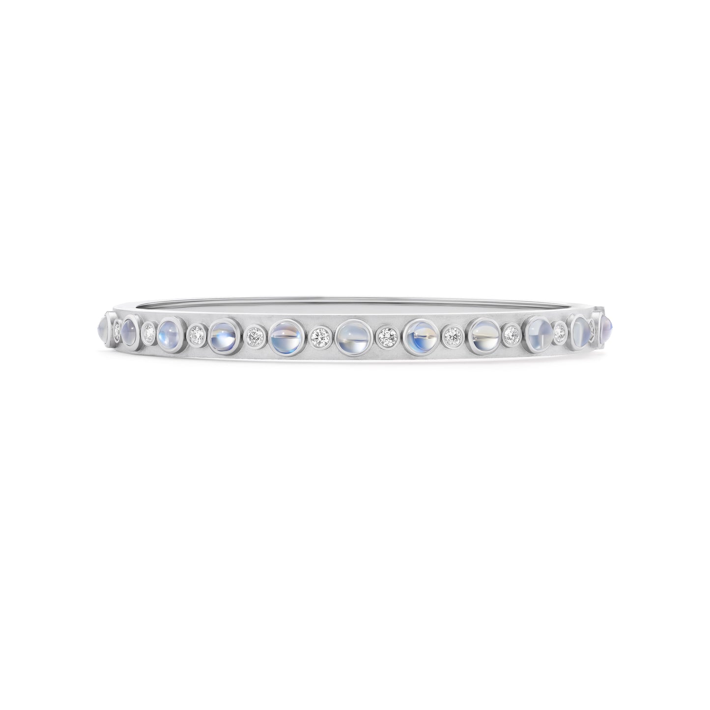 Silver bracelet with embedded stones on a white background