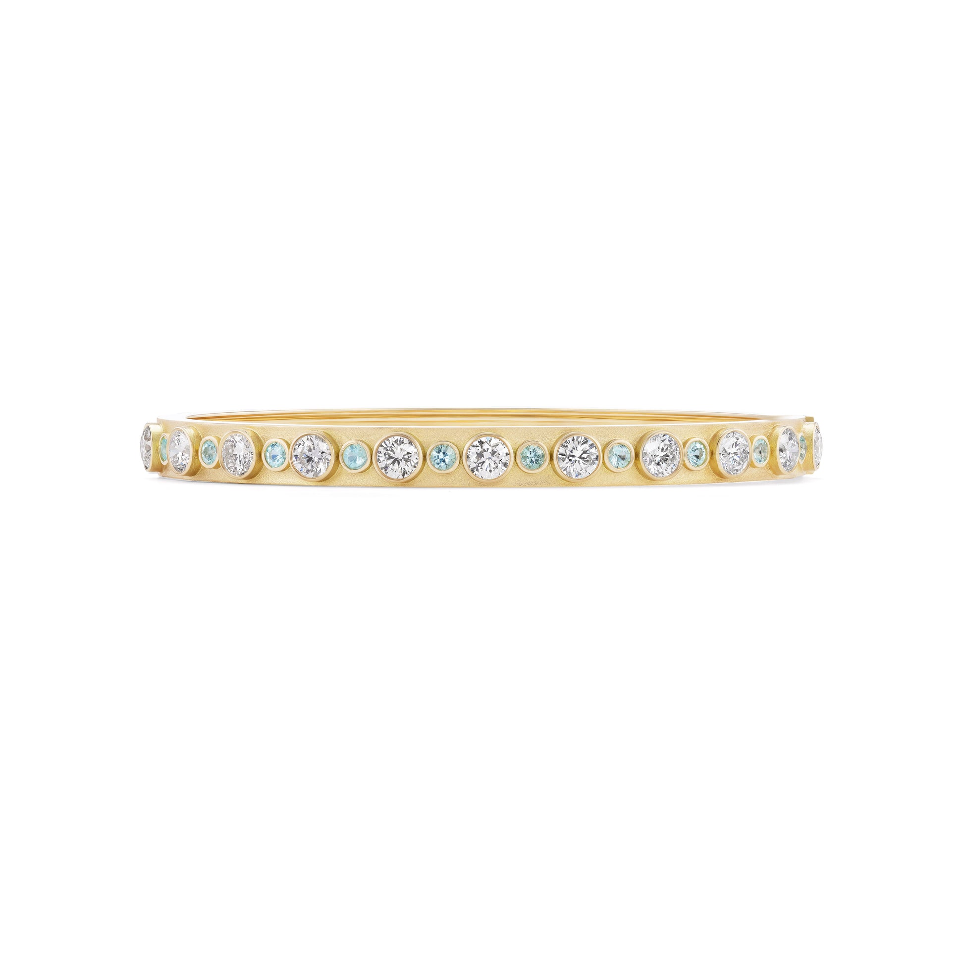 Gold ring with embedded diamonds on a white background