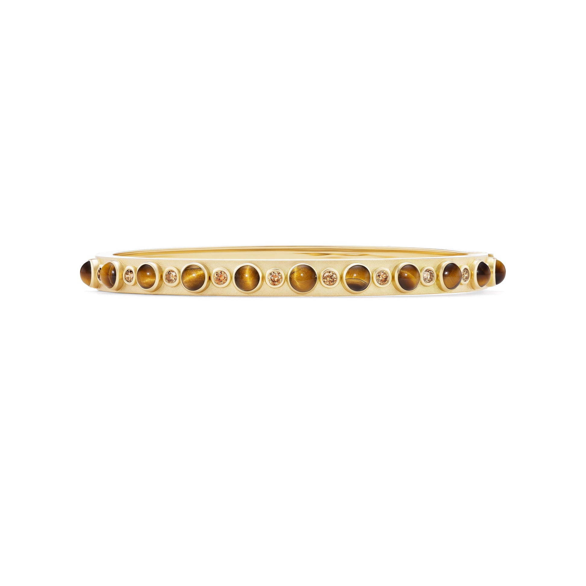 Gold bracelet with embedded stones on a white background