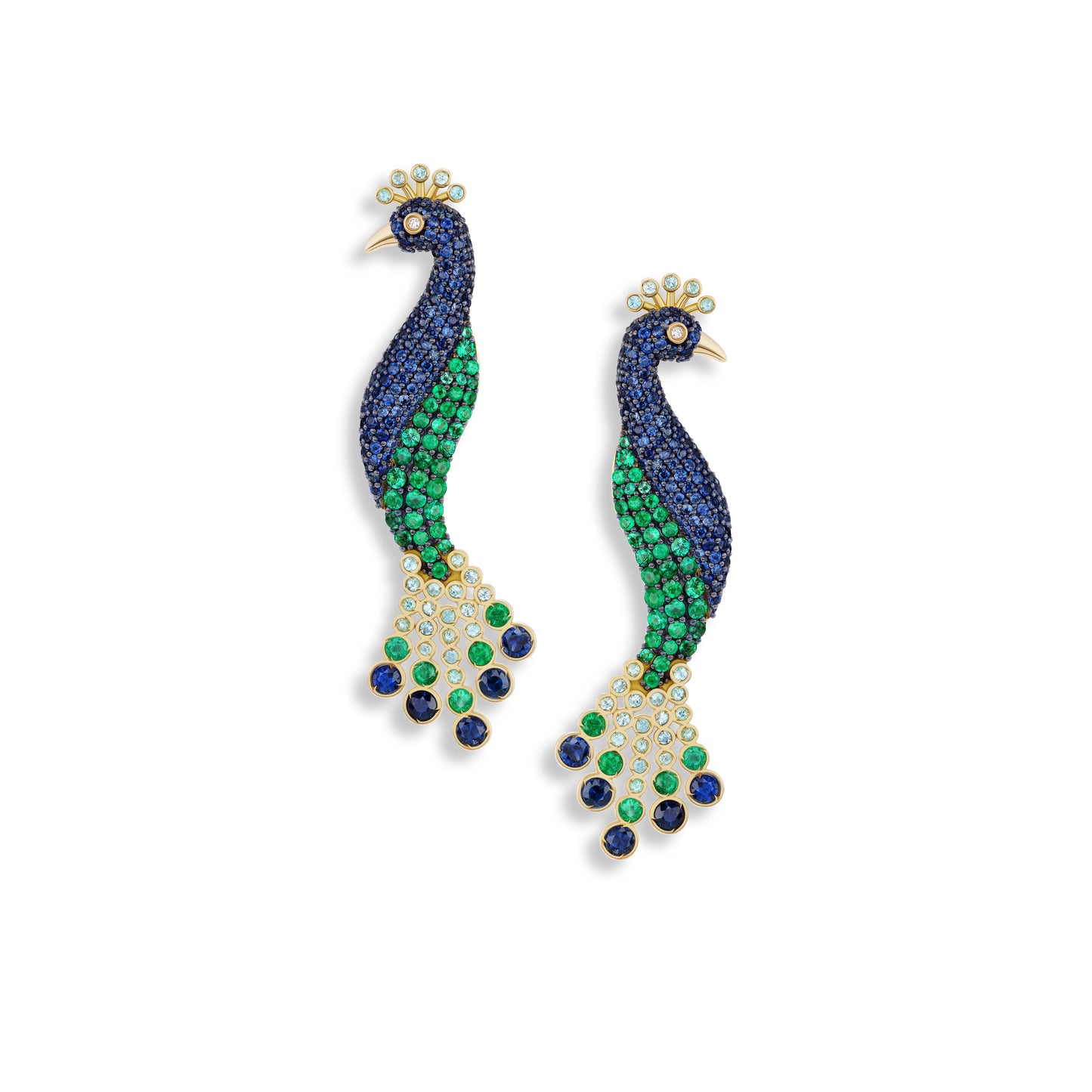 Peacock-shaped earrings with gemstones on a white background
