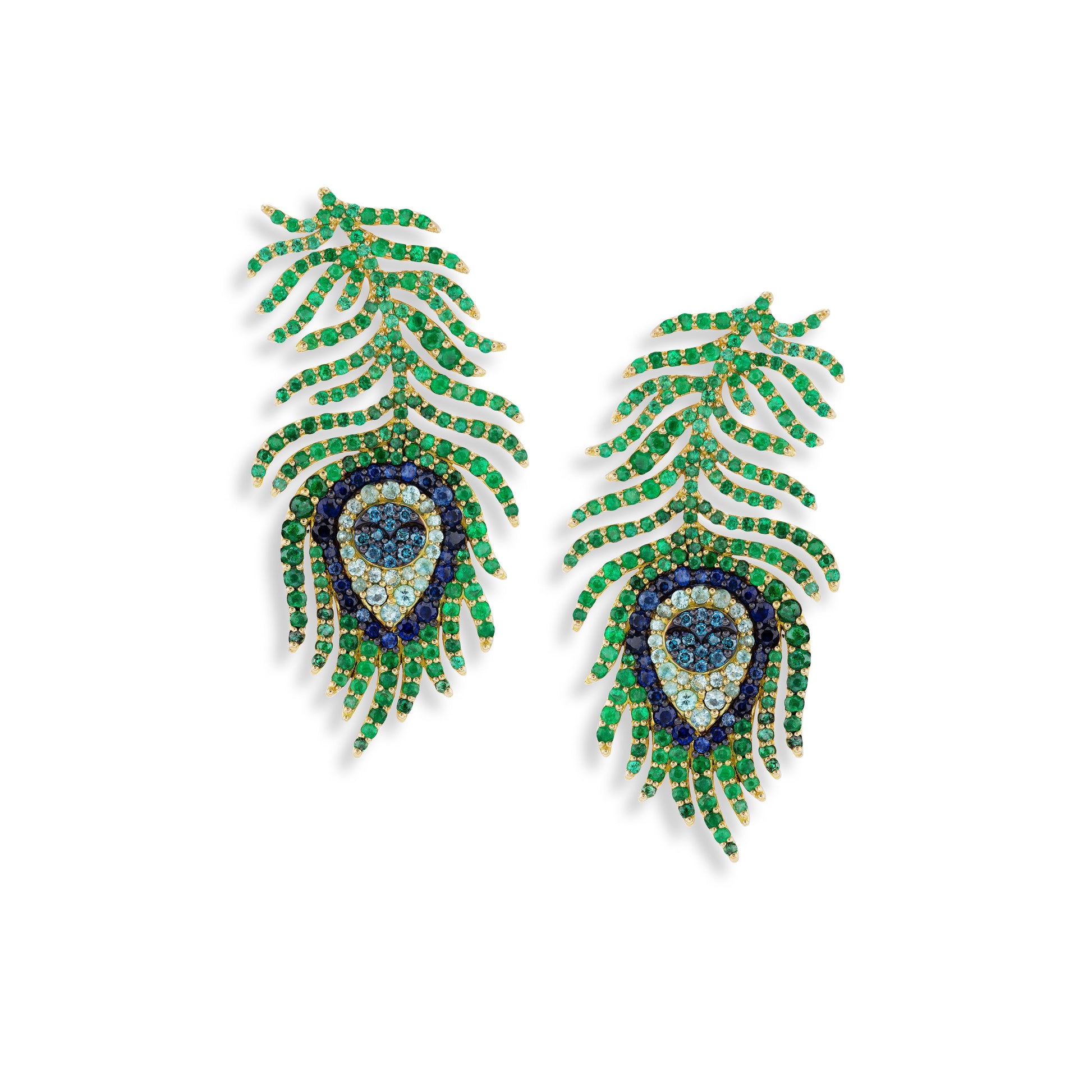 Peacock feather-shaped earrings with green and blue gemstones on a white background