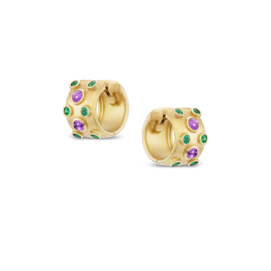 Gold hoop earrings with colorful gemstones on a white background