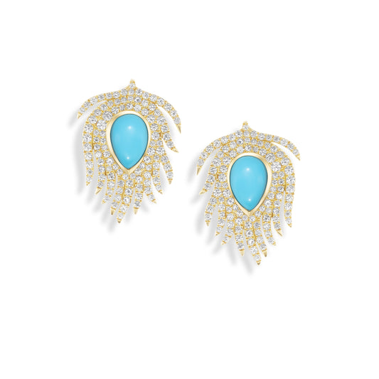 Gold earrings with turquoise stones on a white background