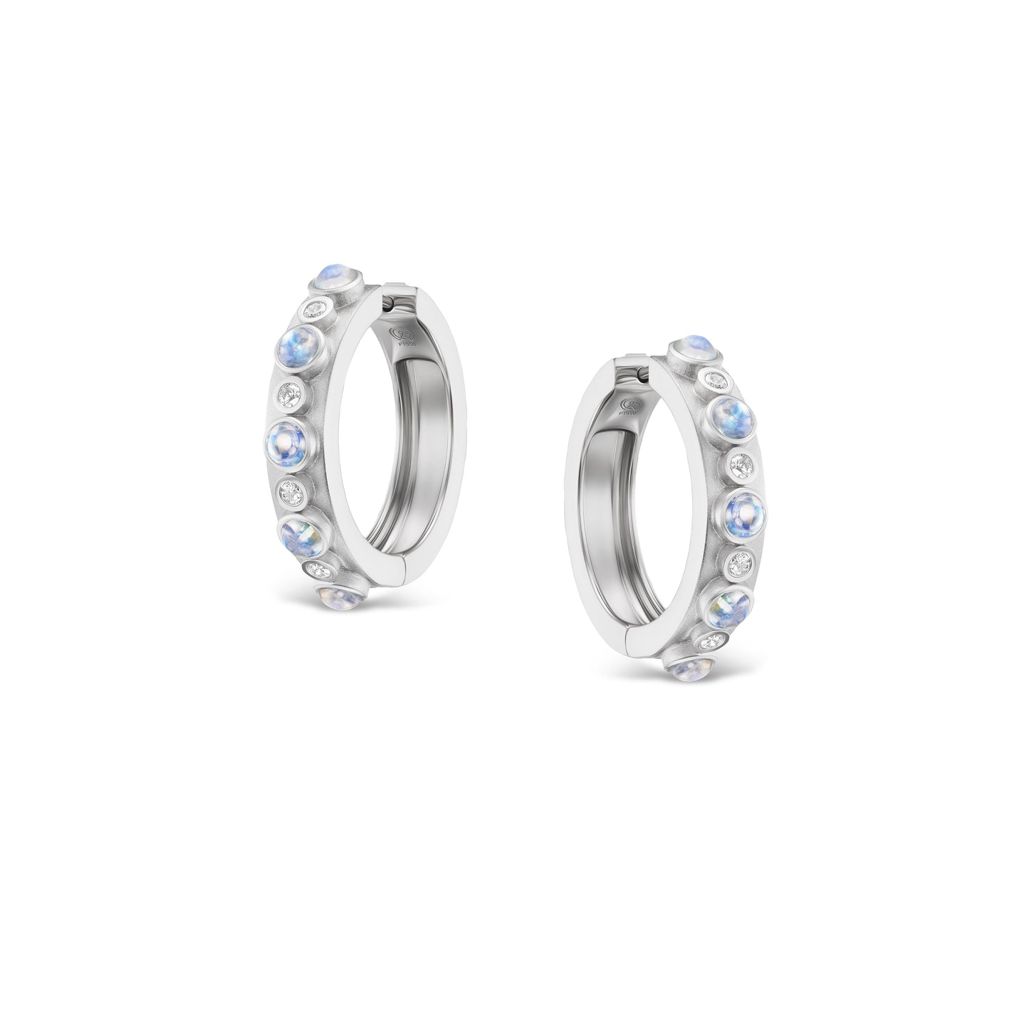 Pair of silver hoop earrings with small stones on a white background