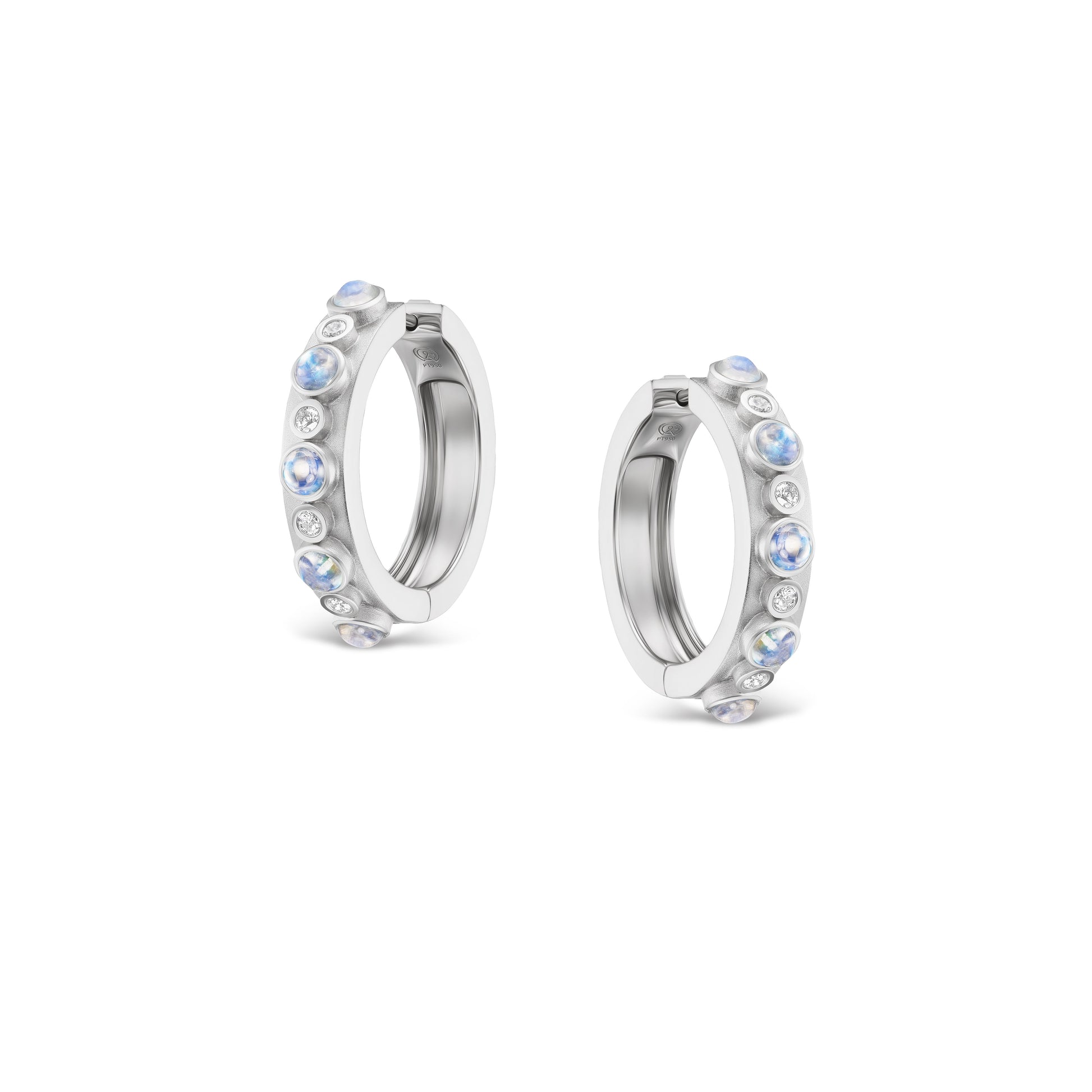 Pair of silver hoop earrings with small stones on a white background