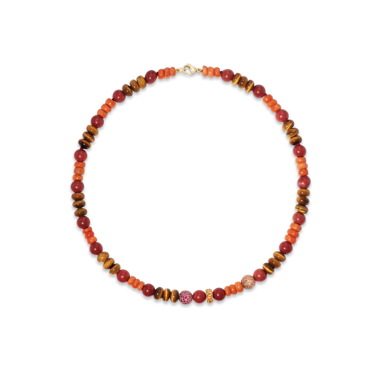 Colorful beaded necklace on white background.