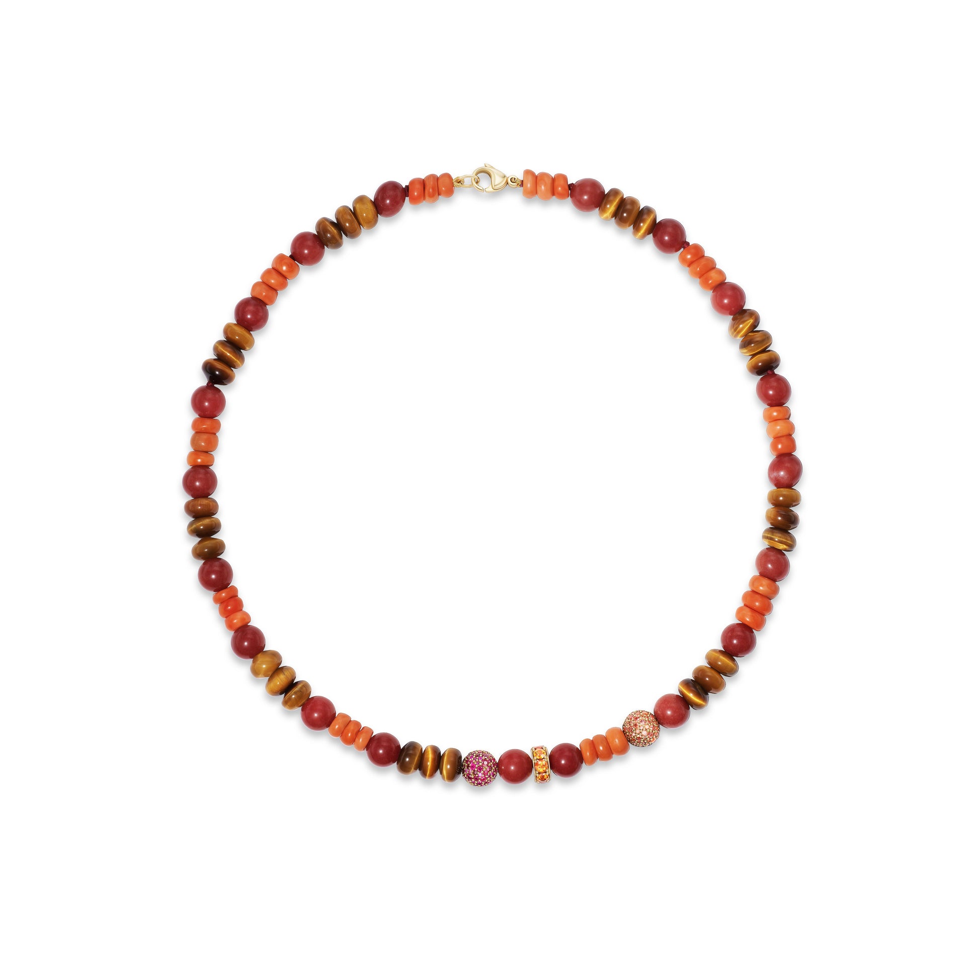 Colorful beaded necklace on white background.