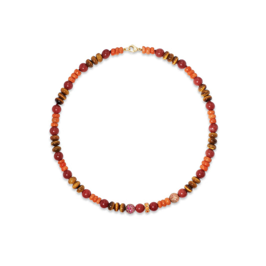 Colorful beaded necklace on white background.