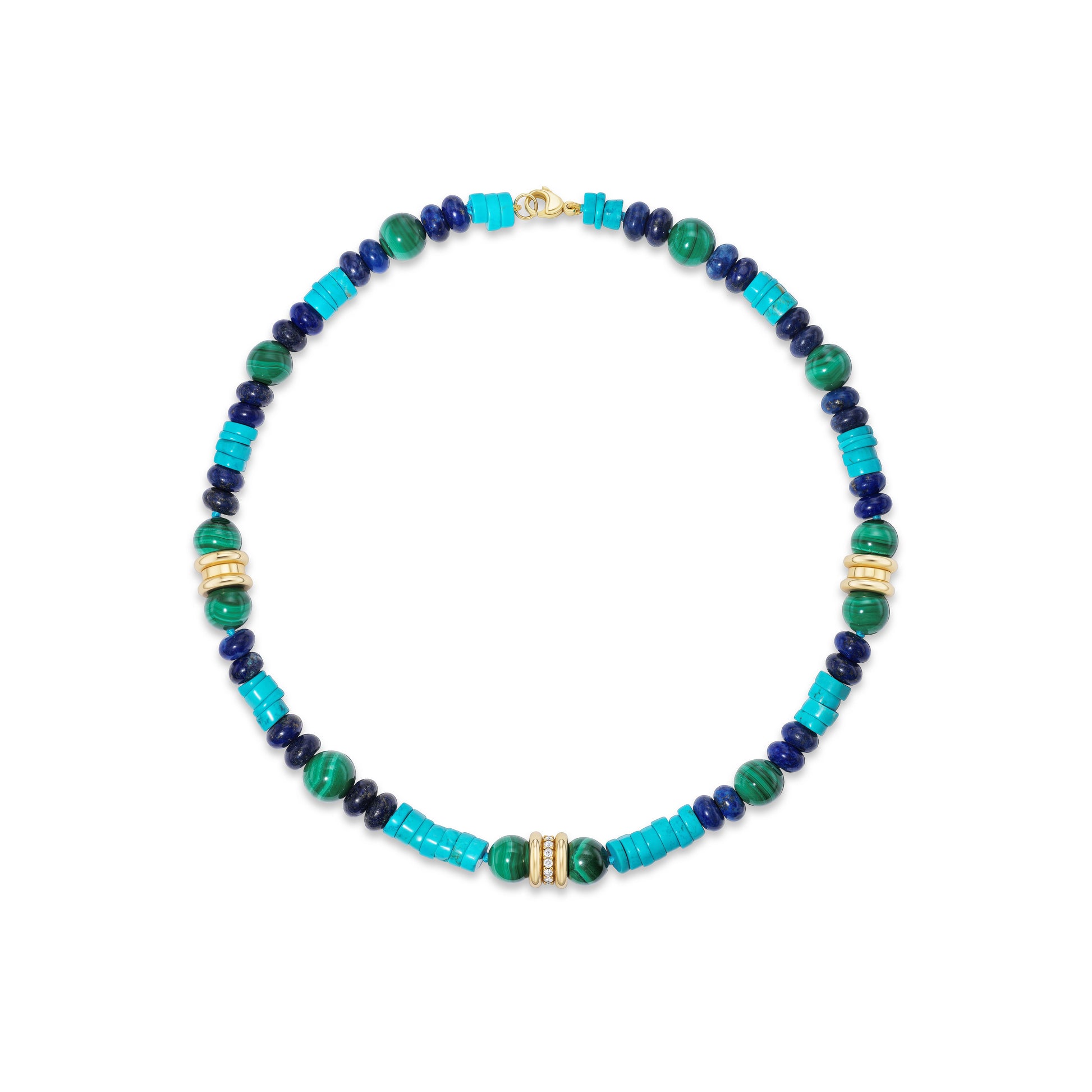Colorful beaded necklace on white background.