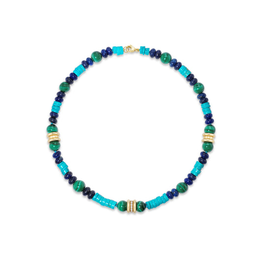 Colorful beaded necklace on white background.
