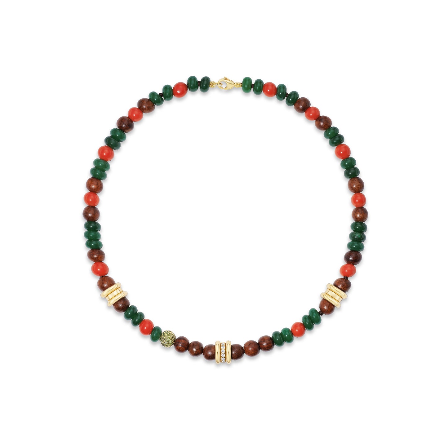 Colorful beaded necklace on white background.