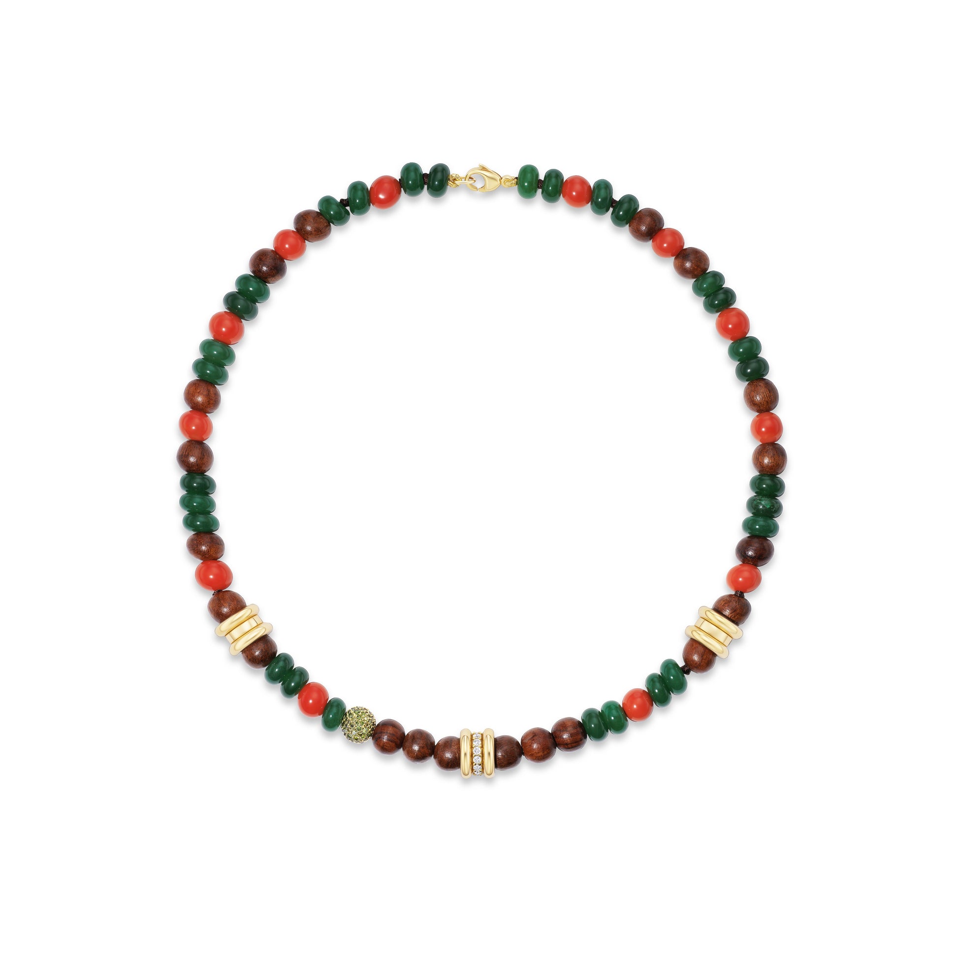 Colorful beaded necklace on white background.
