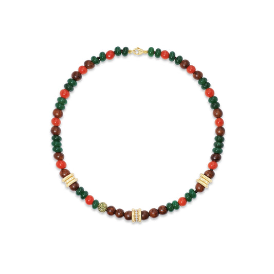 Colorful beaded necklace on white background.
