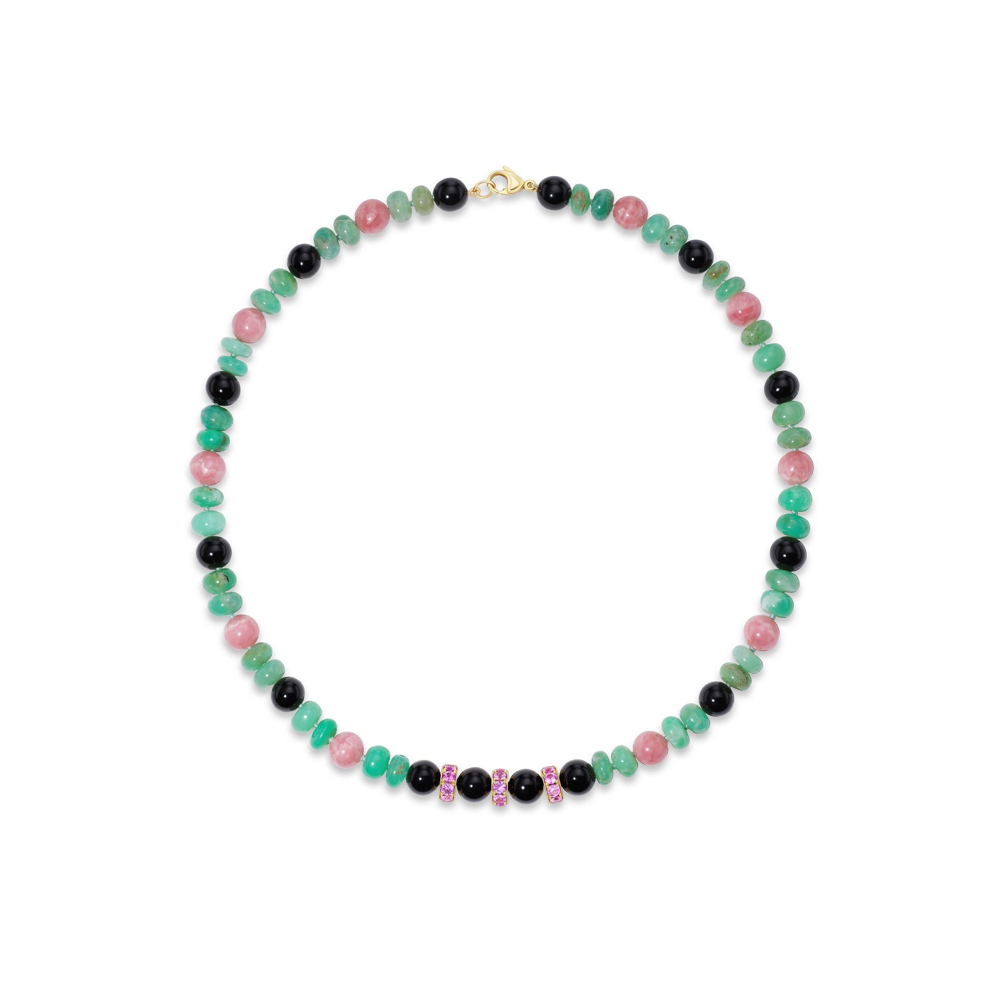 Colorful beaded necklace on white background.