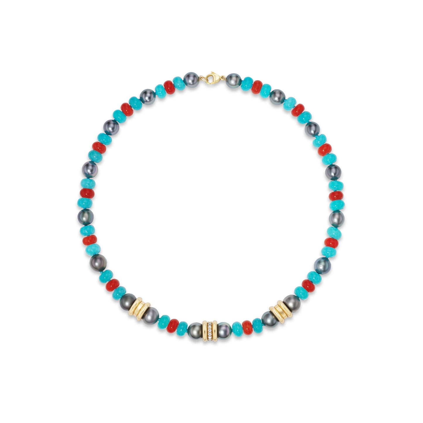 Necklace with multicolored beads on a white background
