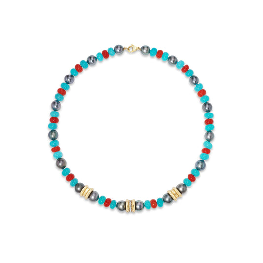 Necklace with multicolored beads on a white background