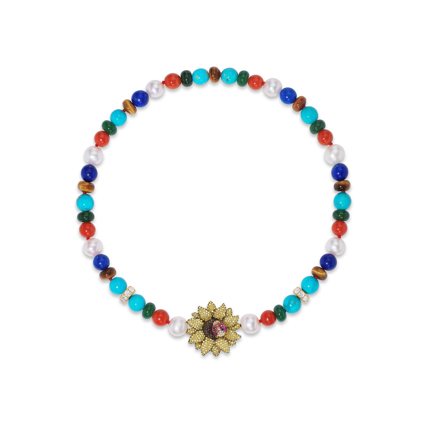 Multicolored beaded necklace with a decorative sunflower clasp on a white background