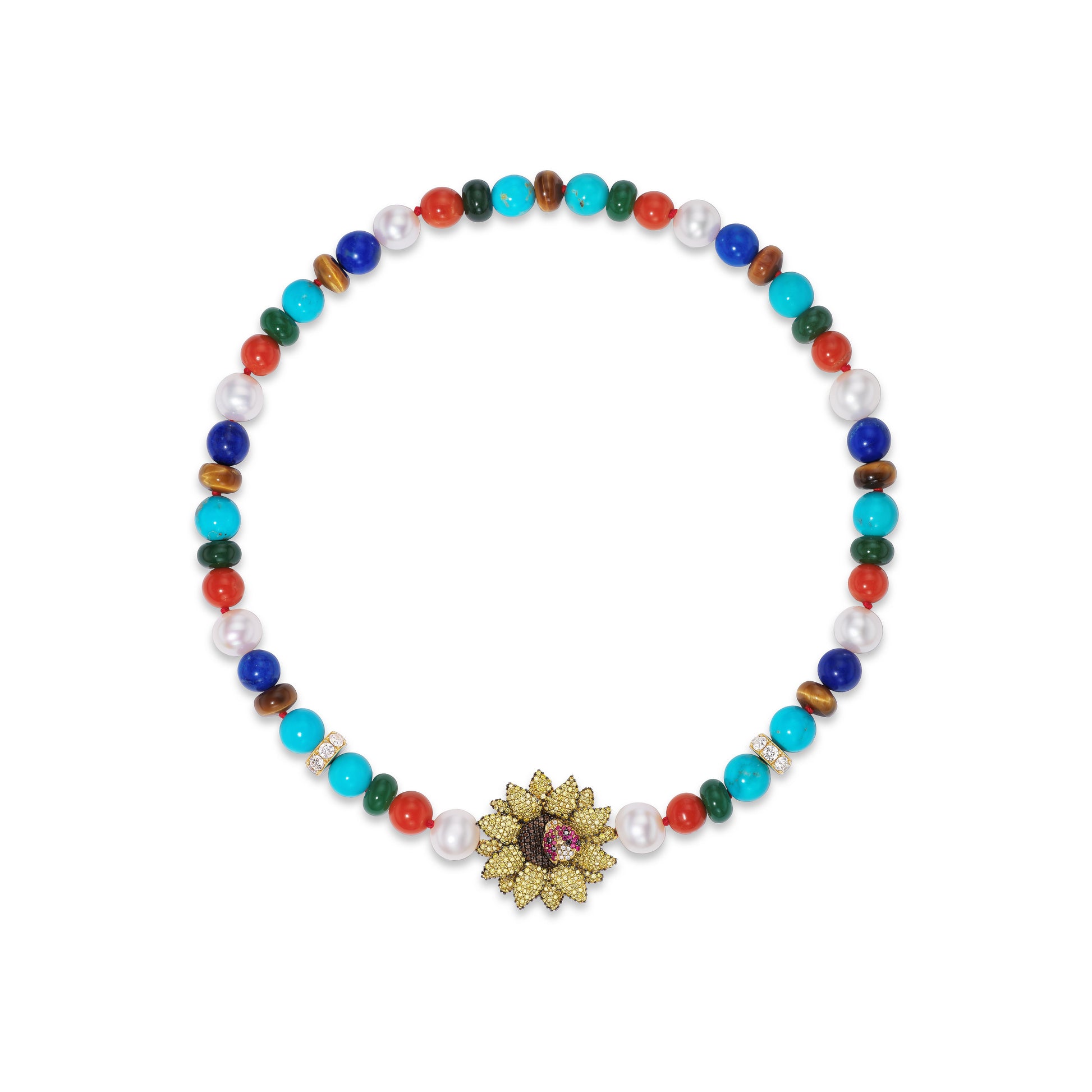 Multicolored beaded necklace with a decorative sunflower clasp on a white background