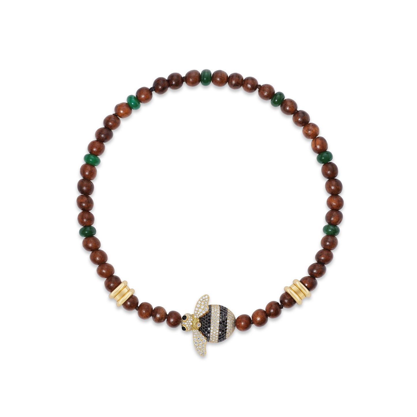 Beaded necklace with bee clasp on white background.