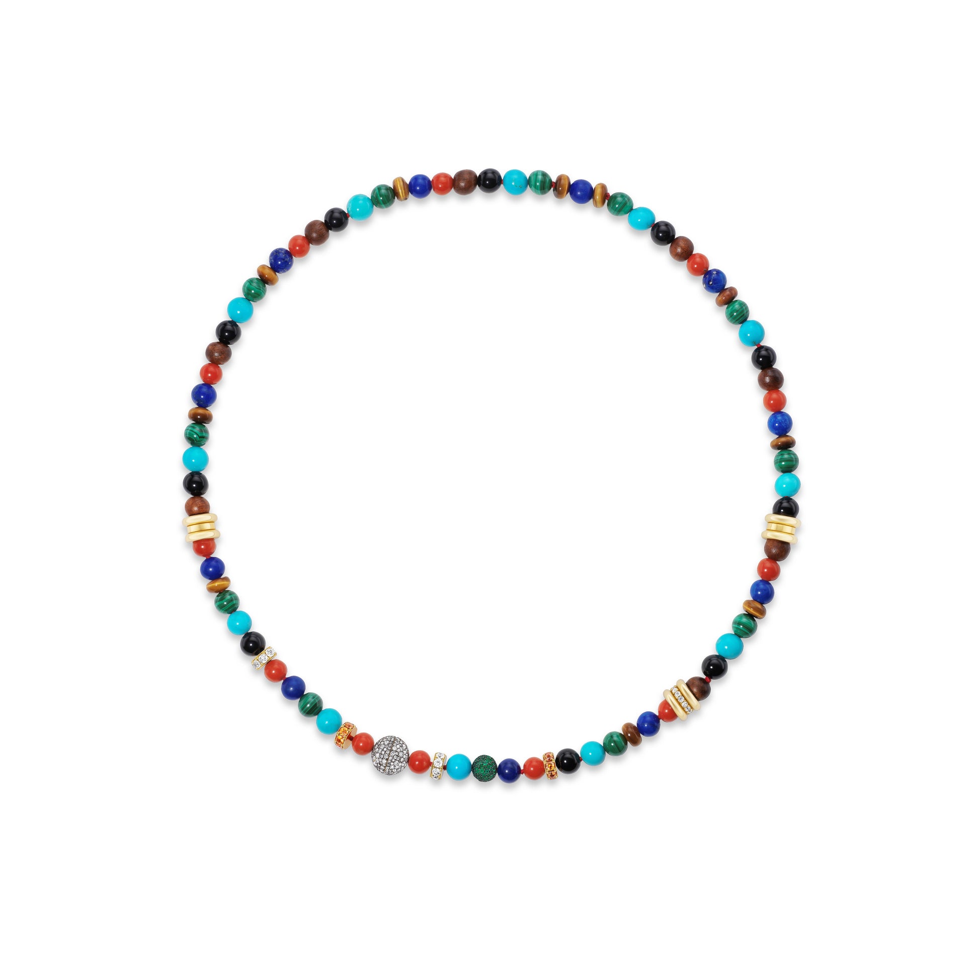 Colorful beaded necklace on white background.
