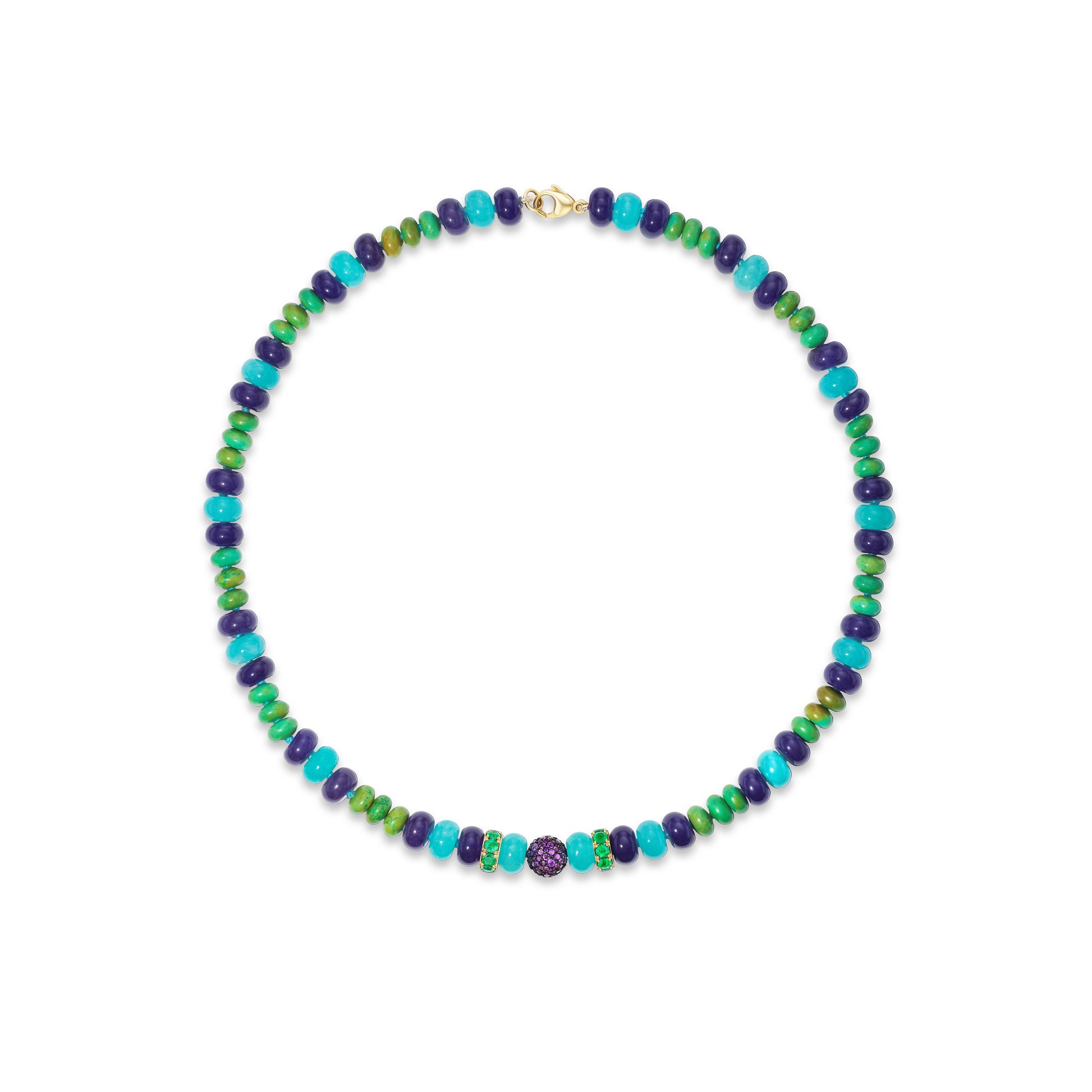 Colorful beaded necklace on white background.