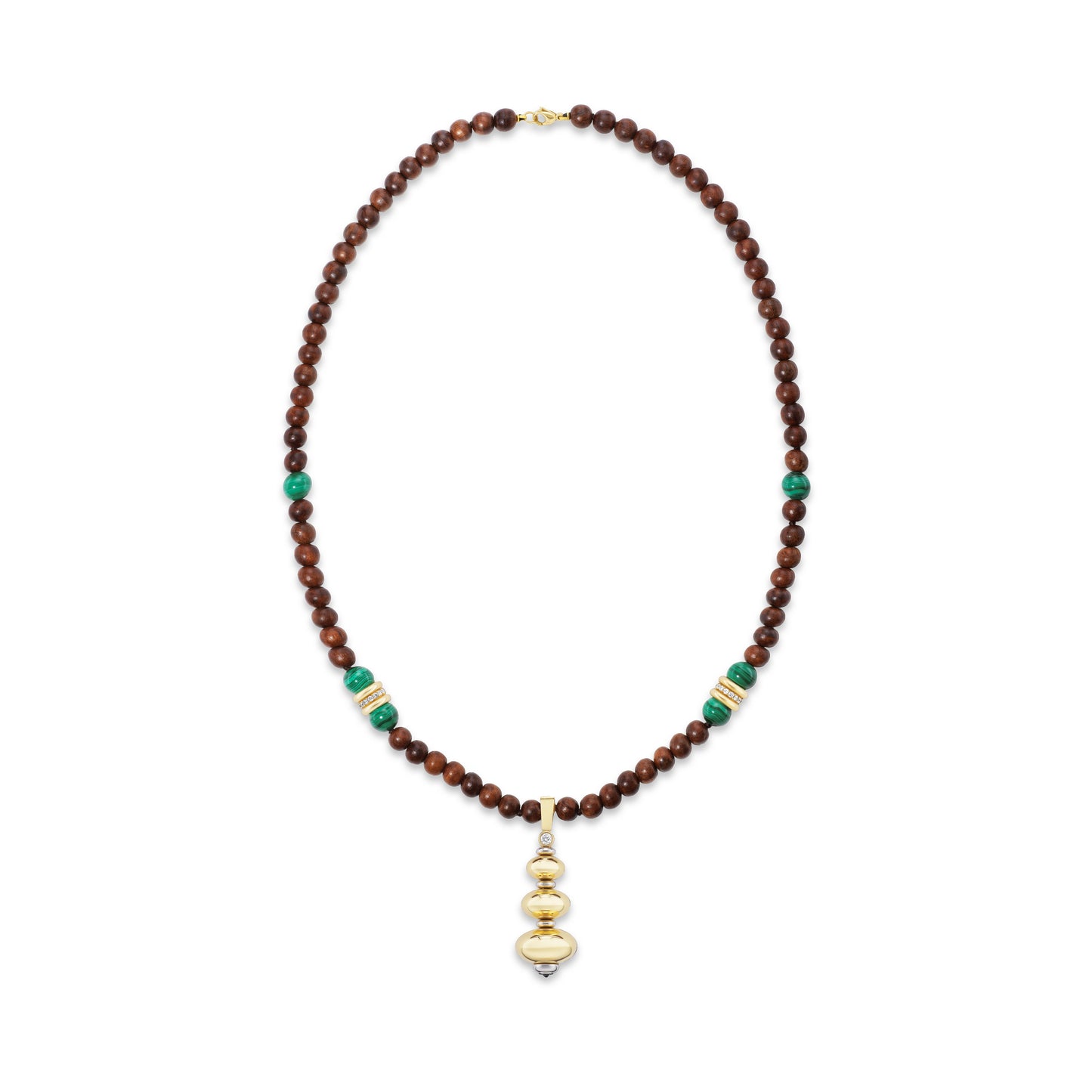 Beaded necklace on white background with gold pendant.