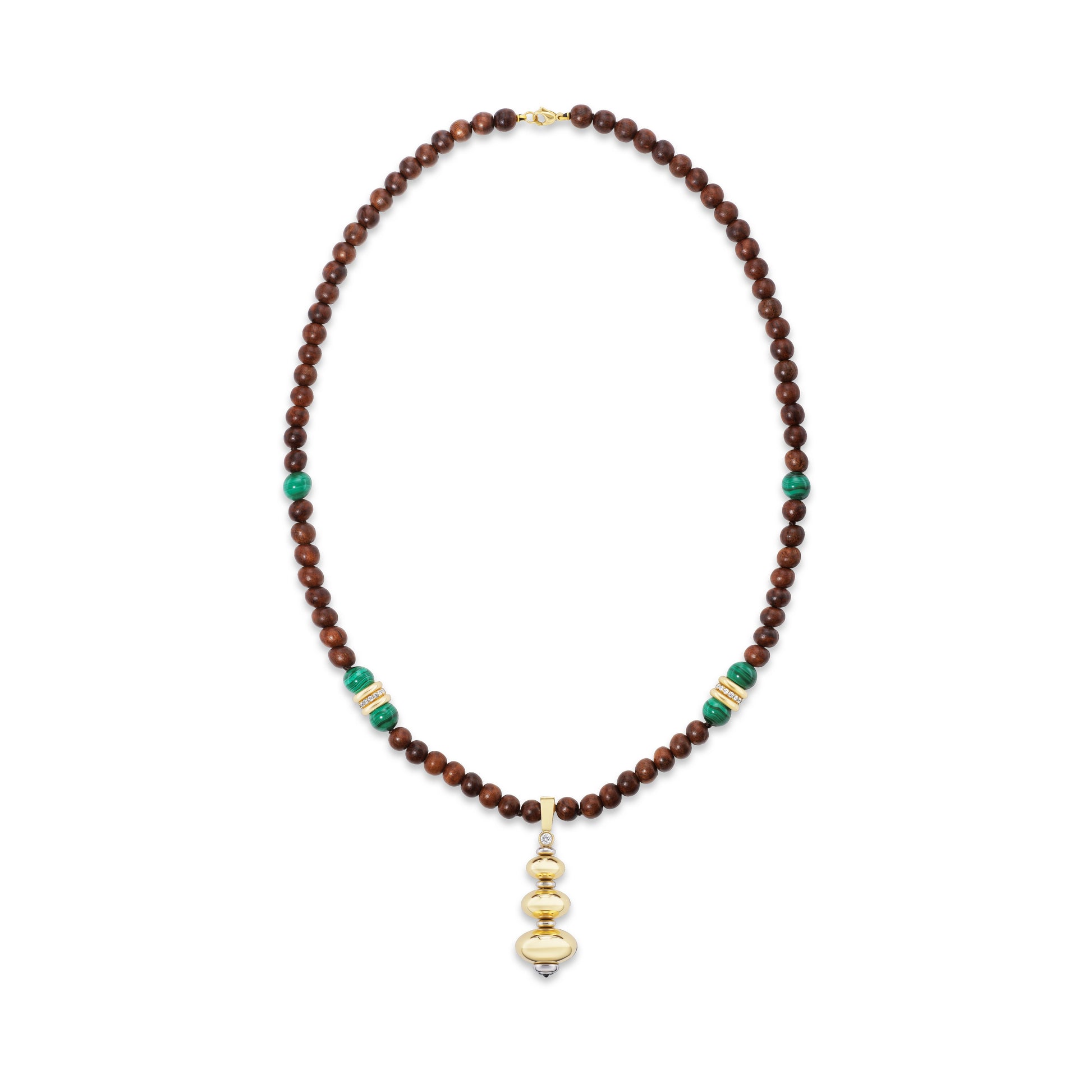 Beaded necklace on white background with gold pendant.