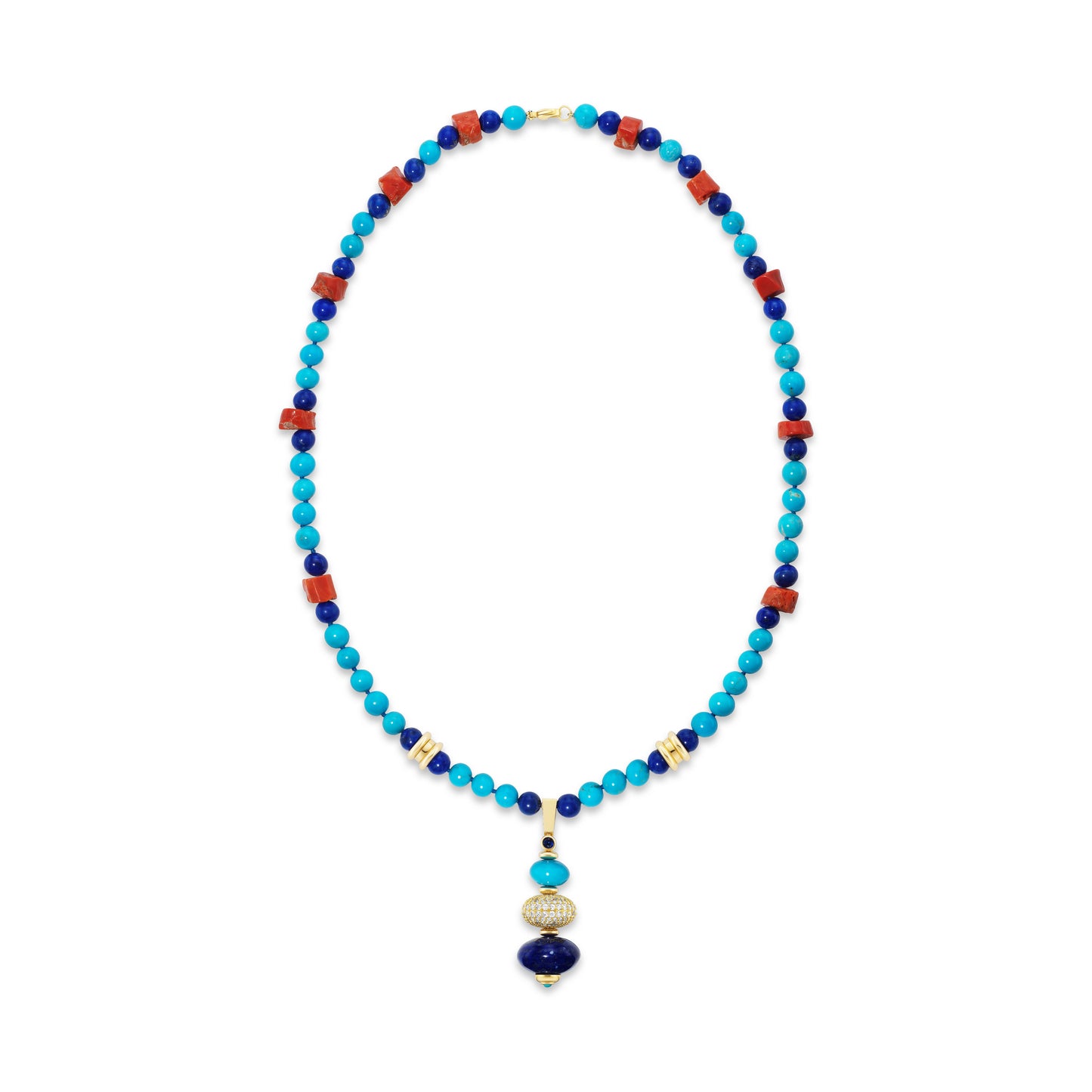 Colorful beaded necklace with a large blue pendant on a white background