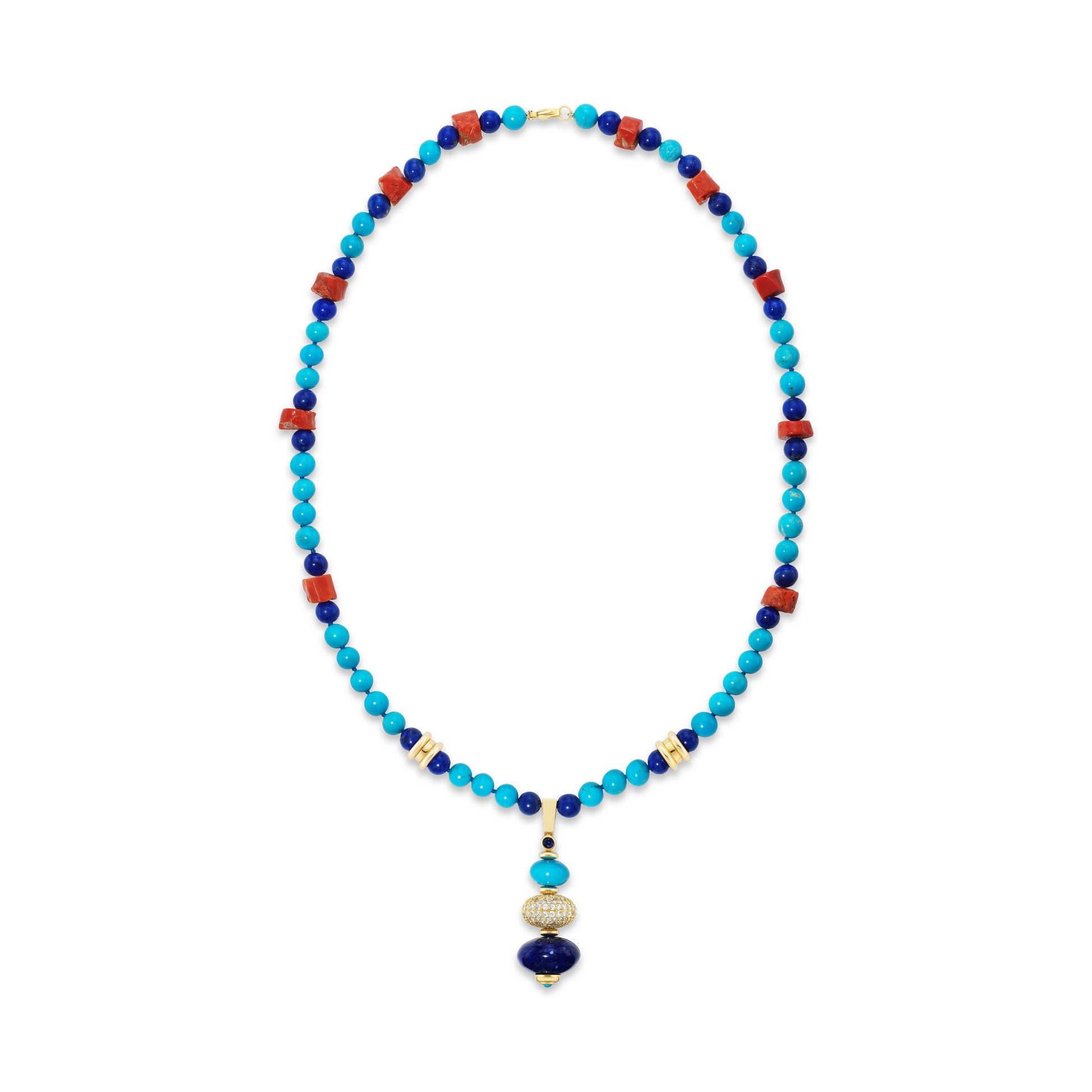 Colorful beaded necklace with a large blue pendant on a white background