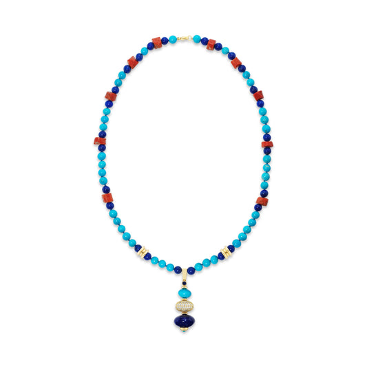 Colorful beaded necklace with a large blue pendant on a white background