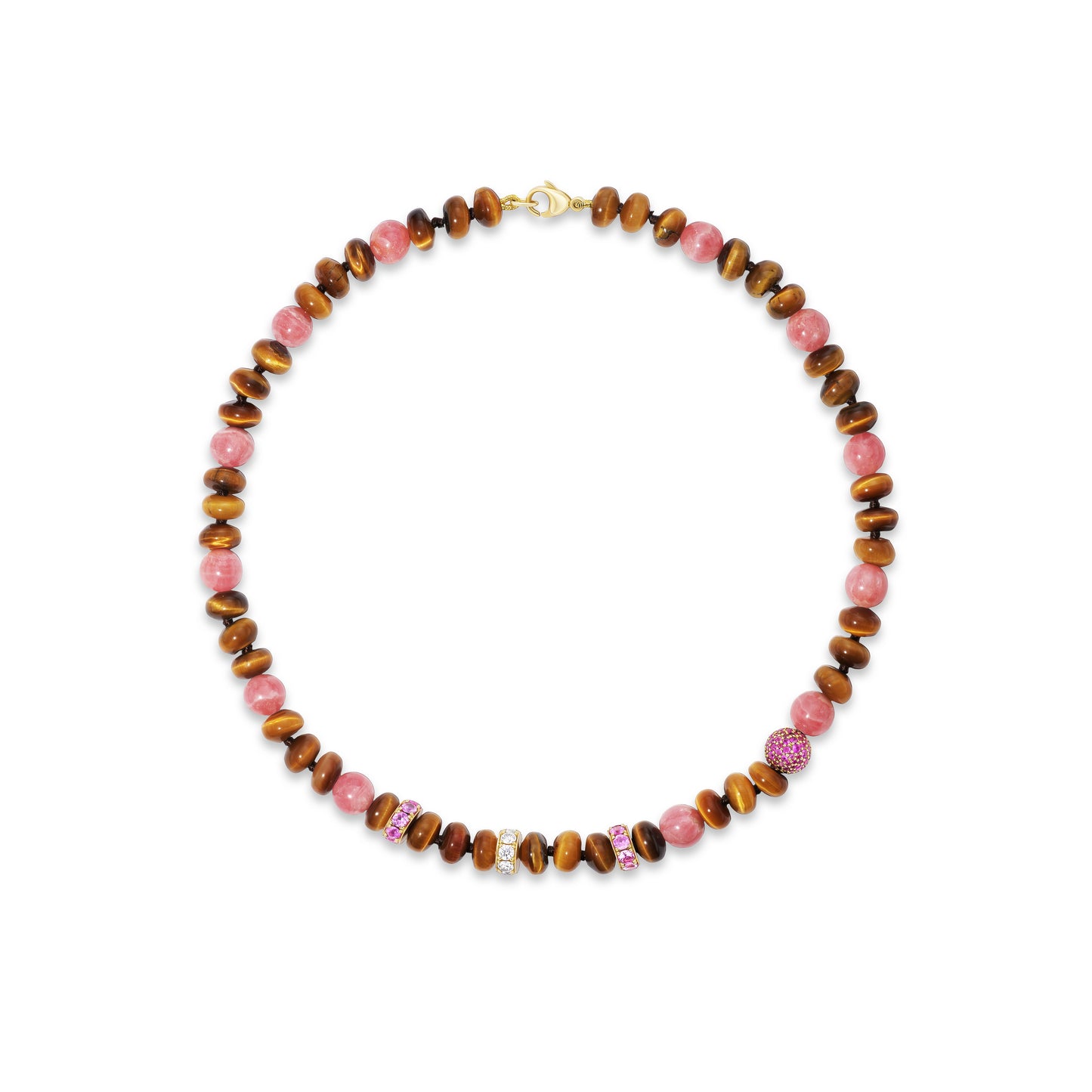 Beaded necklace with diamonds and pink sapphires.