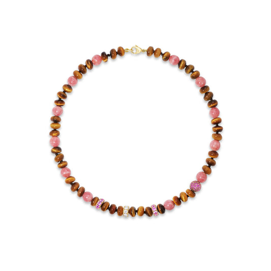 Beaded necklace with diamonds and pink sapphires.