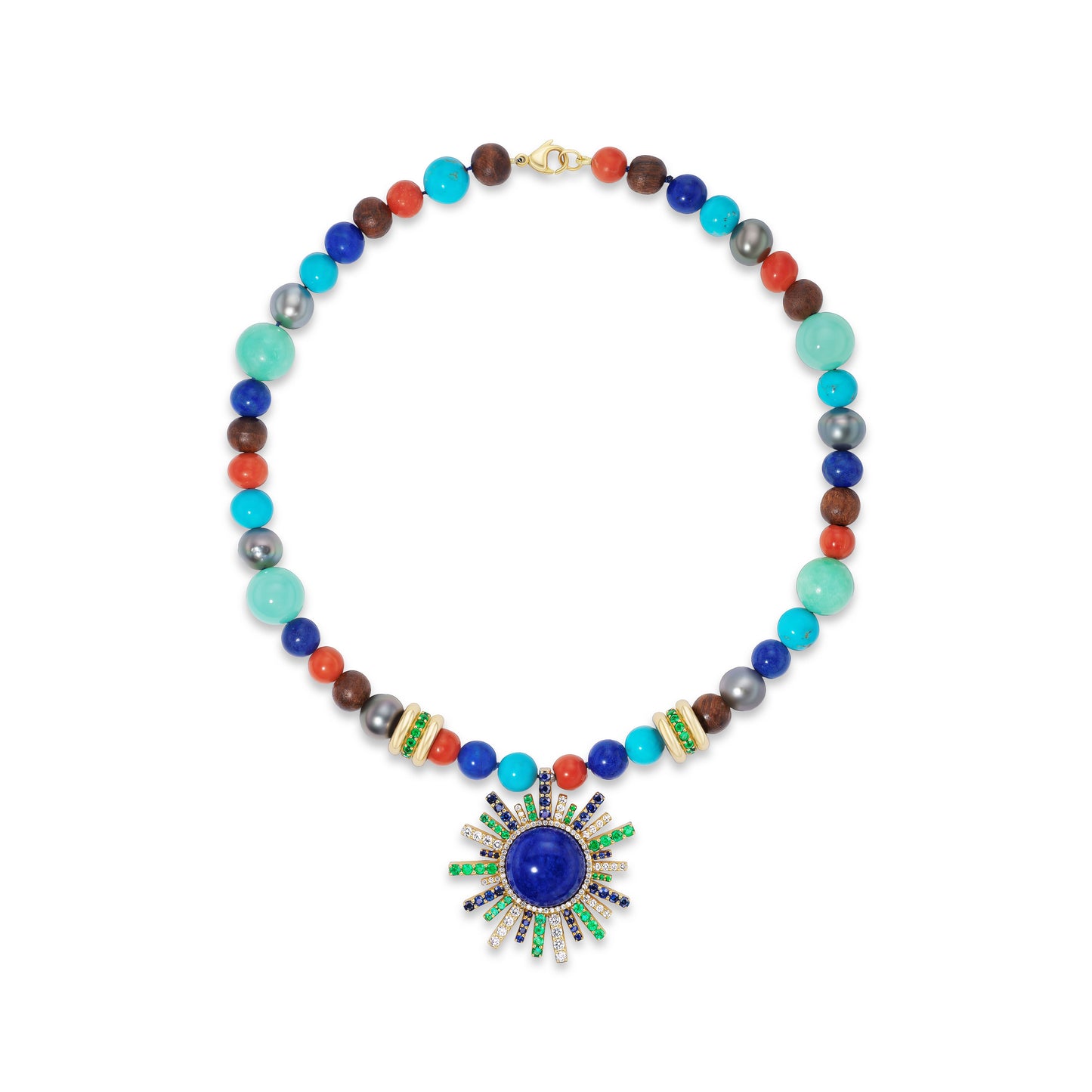 Colorful beaded necklace with sun ray pendant.