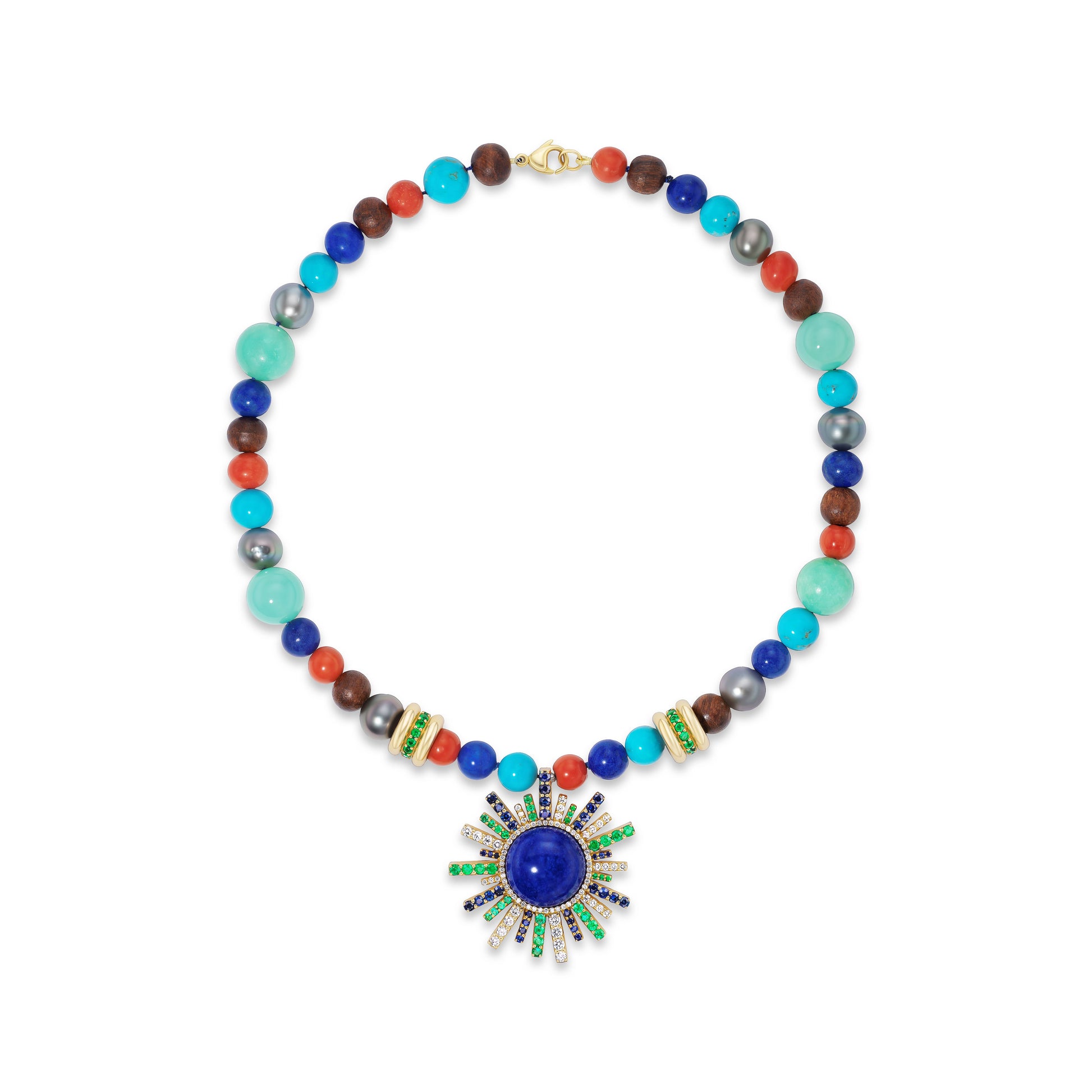 Colorful beaded necklace with sun ray pendant.