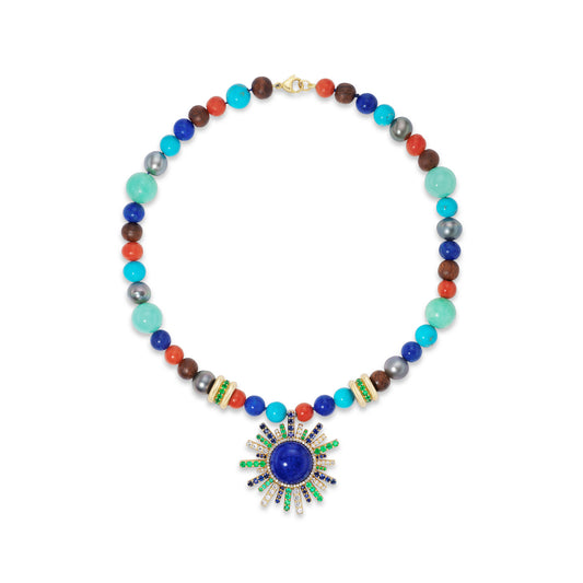Colorful beaded necklace with sun ray pendant.