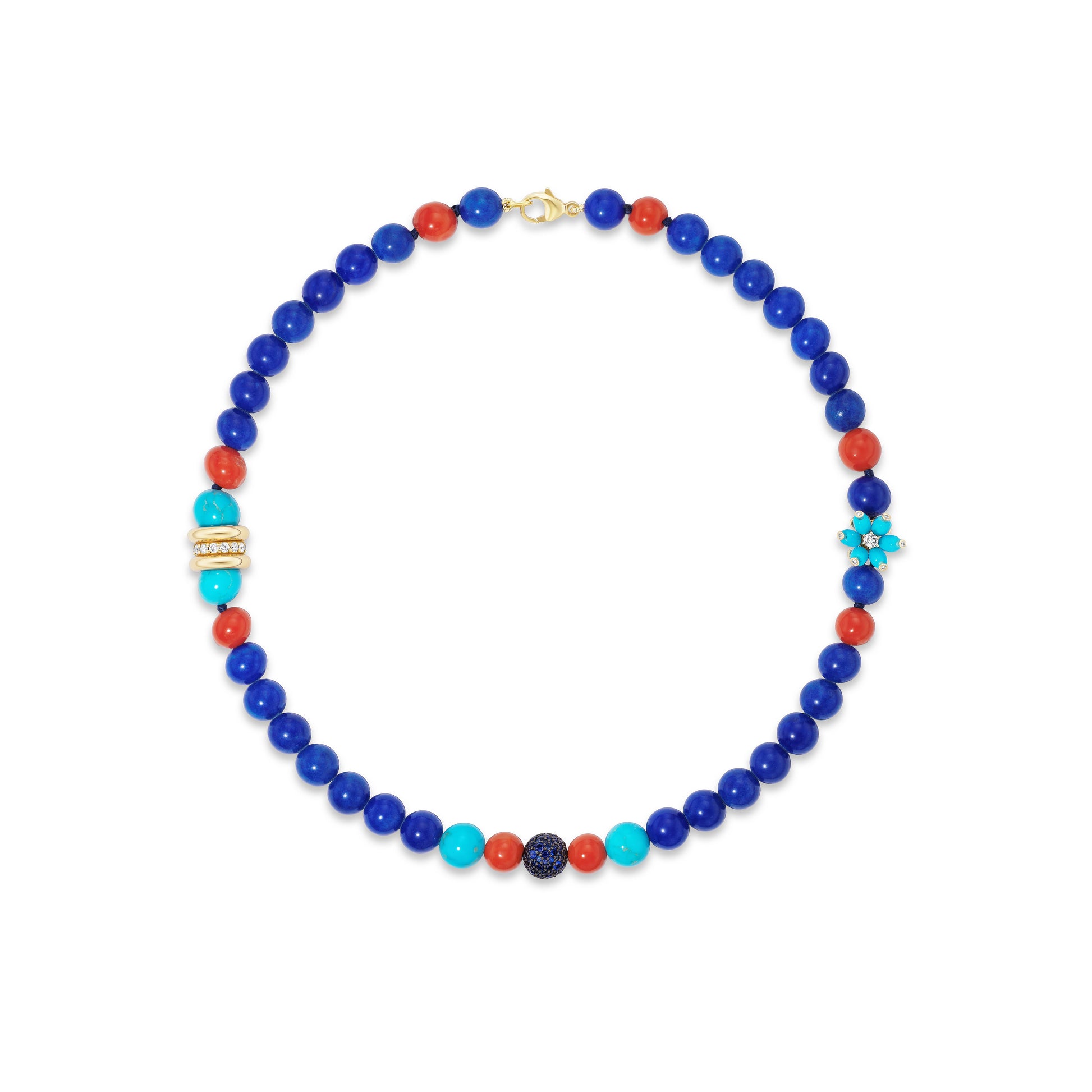 Colorful beaded necklace on white background.