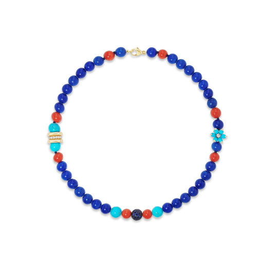 Colorful beaded necklace on white background.