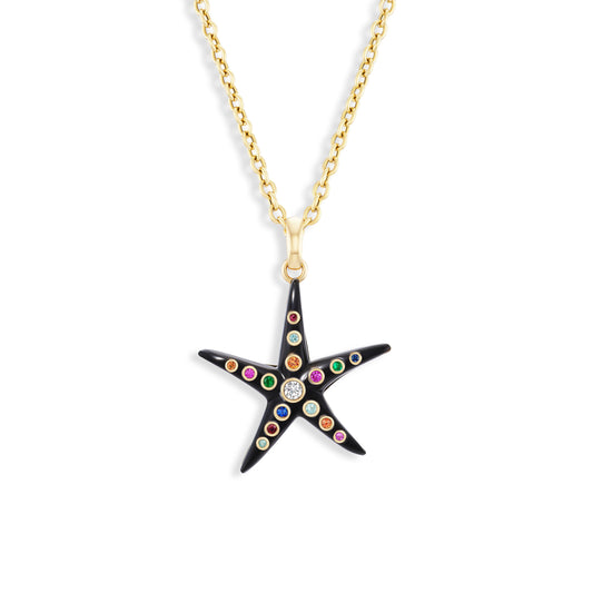 Starfish pendant with multicolored stones on a gold chain