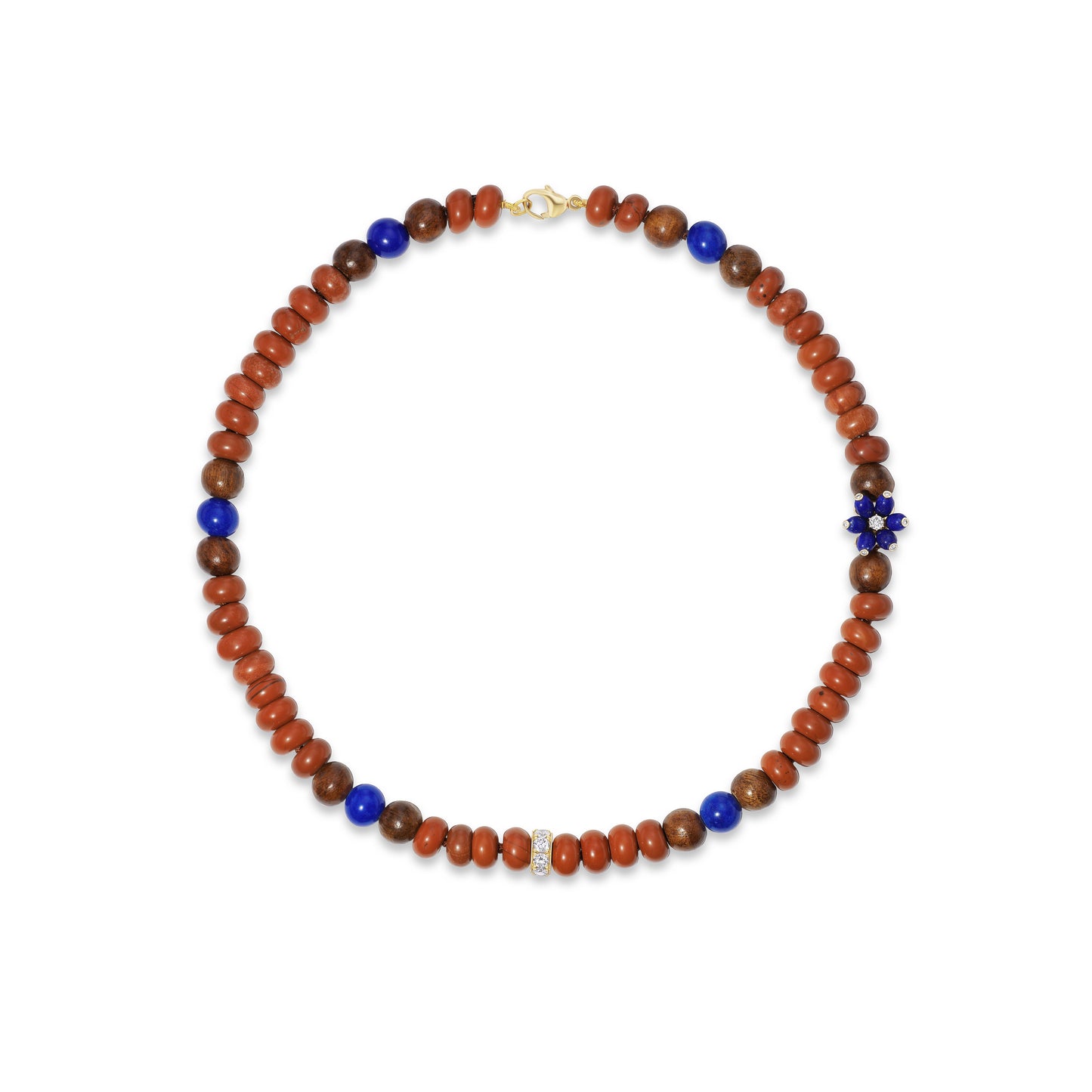 Beaded necklace on white background.